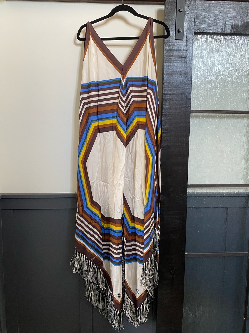 Tory Burch Striped Scarf Fringe Dress 287 Fret Silk Square Size 4 - Picture 4 of 5